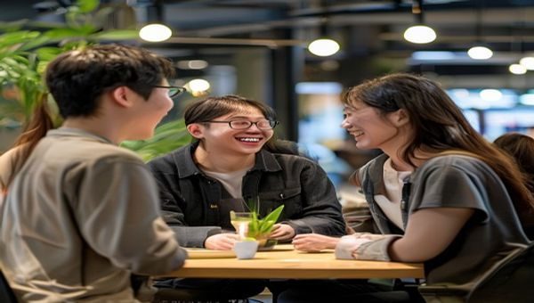 佐山爱为某生活方式品牌提供专业服务的现场场景，客户代表与团队成员面对面交流，氛围融洽而高效