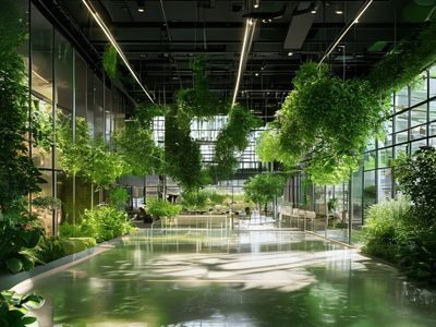 佐山爱品牌展厅内部，绿植环绕的现代化陈列空间，阳光透过落地窗洒落，整体氛围温馨而专业