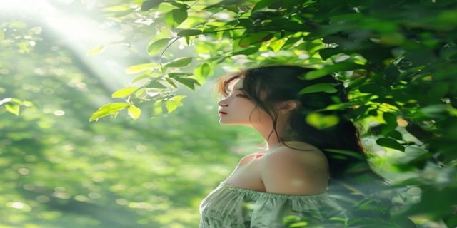 佐山爱在绿意盎然的自然背景下拍摄写真，阳光透过树叶洒落，气质清新温柔