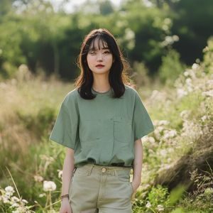 佐山爱户外取景写真，身着浅绿色服装与自然环境融为一体，画面清新明亮