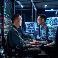 佐山爱技术研发负责人王博先生的照片，坐在技术实验室内，面对多屏幕工作站，专注于代码开发