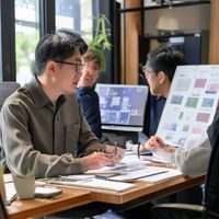 佐山爱首席产品官刘阳先生的工作照，正在与团队讨论产品原型，桌面摆放着设计稿和笔记本电脑